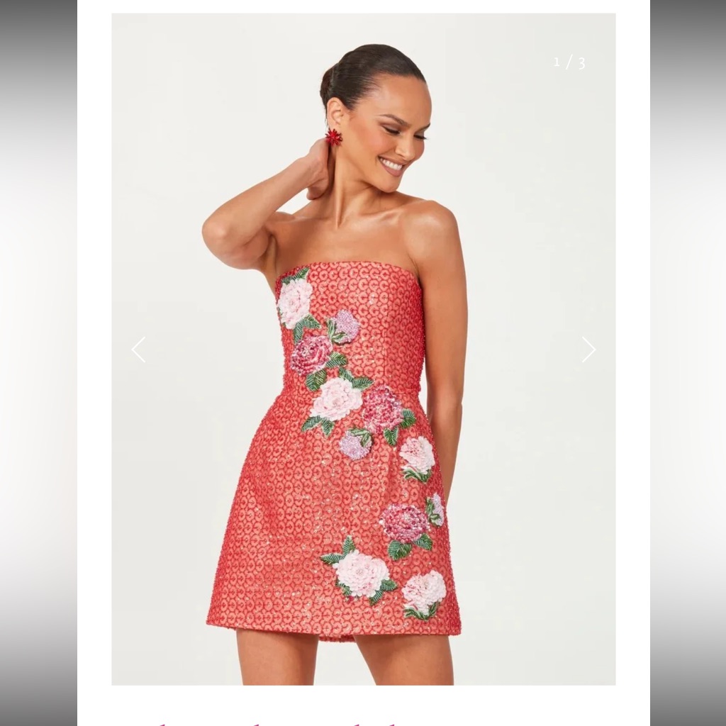 Strapless Floral Embroidered Mini Dress In Coral Pink